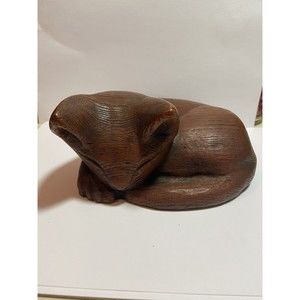 Vintage Wooden Carved Kitten / Cat Sleeping Curled Up Folk Art Kitty SIGNED